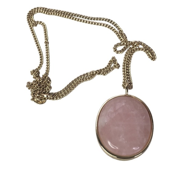 EXPRESS Pink Semi Precious Stone Pink Quartz Pendant Necklace Gold Tone 34" - Picture 2 of 6